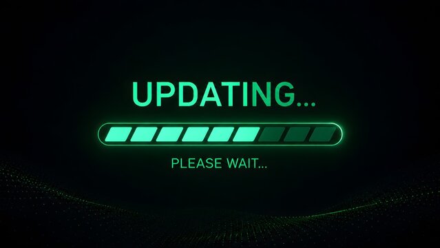 Glowing green updating progress bar with please wait text on dark futuristic digital background for software installation or system upgrade