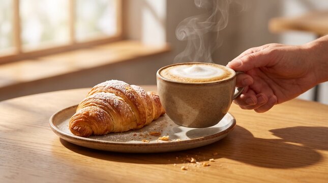Coffee cup with a croissant on a plate, Fresh croissant and steaming cappuccino on wooden table in sunlit cafe  