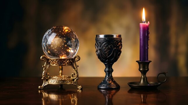 Mystical fortune telling setup with a crystal ball ornate chalice and a burning purple candle on a table