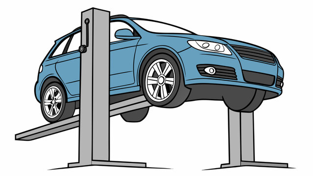 Car Lift Illustration Showing a Blue Vehicle Raised on a Two Post