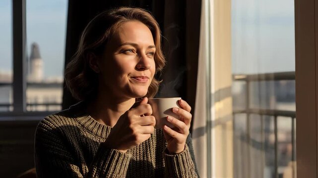 Thoughtful woman drinking hot tea by a sunlit window. Female in a cozy knit sweater taking a slow sip from a steaming mug and looking outside. Relaxing morning routine in a city apartment