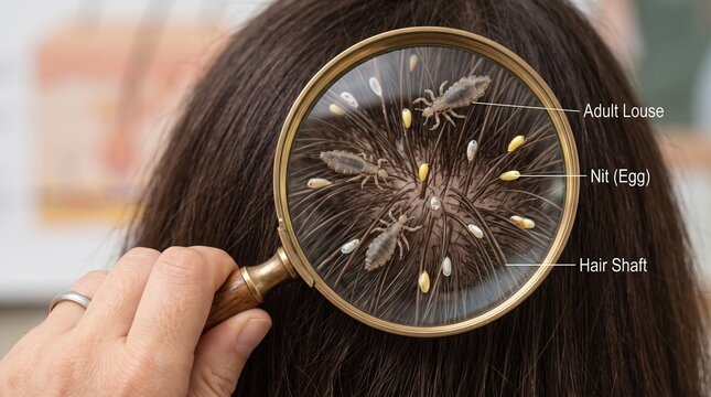 Head lice and nits inspection with magnifying glass on scalp