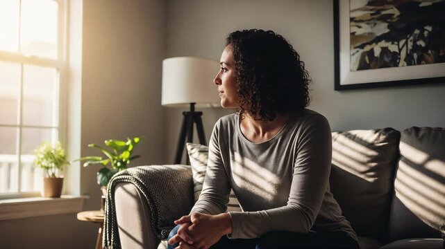 Thoughtful woman sitting on a sofa and turning her head to look out a sunlit window. Female relaxing alone in a cozy living room with bright natural light and shadows. Domestic lifestyle concept