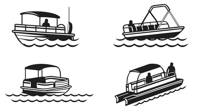 Set of Pontoon Boat Icons and Summer Vacation Symbols Featuring