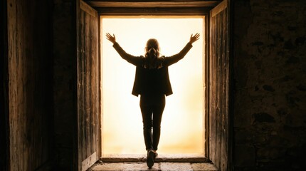 Naklejka premium Silhouette of woman walking through open wooden door towards bright golden sunlight, symbolizing new beginnings and success, freedom and liberation, overcoming obstacles