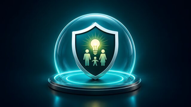 Futuristic glass dome enclosing a metallic shield with family silhouette and lightbulb representing maximum security life insurance and future protection