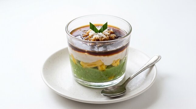 Indonesian kue jongkong, layered green pandan pudding with jackfruit, white coconut cream, and liquid palm sugar syrup in glass cup topped with grated coconut and pandan leaf.