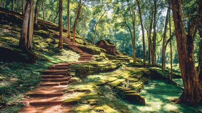 stairway leading to a hidden temple deep in a lush forest, mystical atmosphere, cultural travel destination