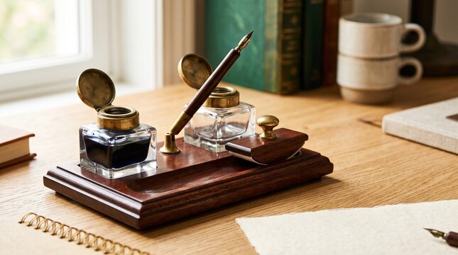 Retro desk inkwell set, Vintage ink pen and glass inkwells on wooden desk near window