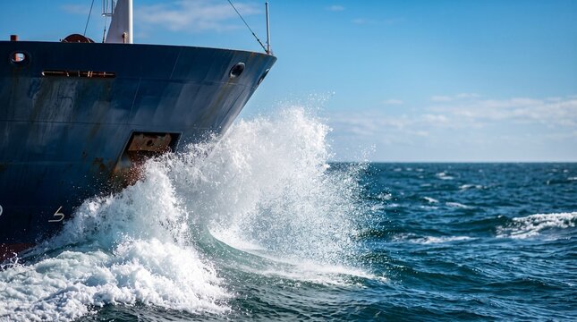 Ship bow wave spray, Ship bow cutting through ocean waves under blue sky  