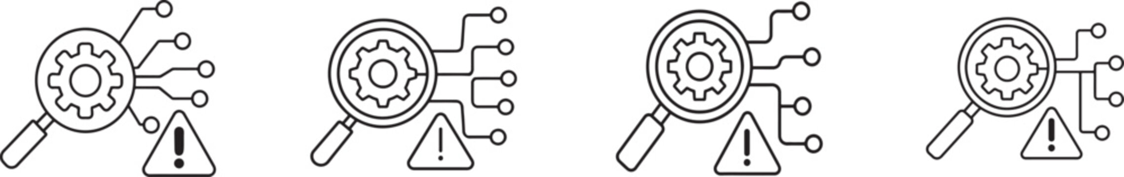 Black and white root cause analysis icon set in multiple styles for problem solving, diagnosis, and business analysis.