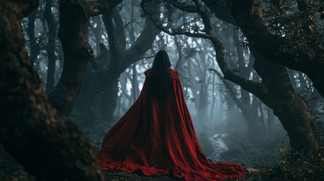 Geheimnisvolle Gestalt im roten Umhang steht im nebligen dunklen Wald, mystisches Fantasy-Motiv f&uuml;r Buchcover und Halloween.