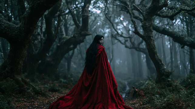Geheimnisvolle Gestalt im roten Umhang steht im nebligen dunklen Wald, mystisches Fantasy-Motiv f&uuml;r Buchcover und Halloween.
