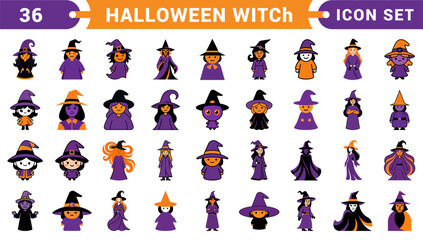 Fototapeta premium Halloween Witch Icon Set – 36 Cute Cartoon Witch Characters in Purple and Orange