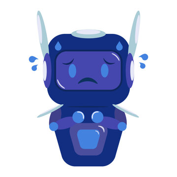Apologizing sad blue AI assistant robot character showing regret isolated on white background vector illustration