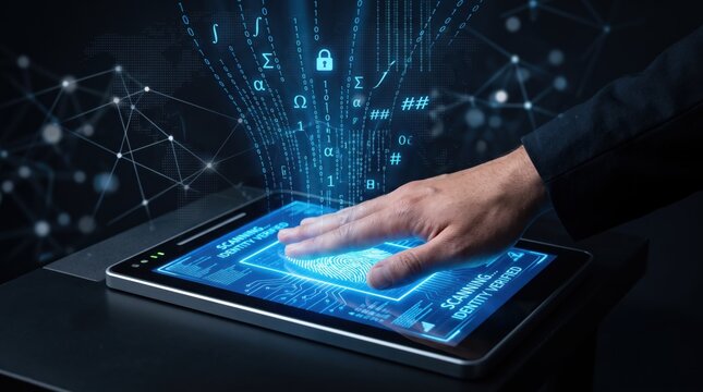 Hand scanning fingerprint on digital tablet with futuristic holographic interface, representing cybersecurity, biometric authentication, identity verification, data protection