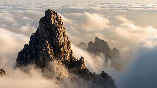monastery illuminated by sunrise above layers of clouds, serene spiritual environment and cultural significance