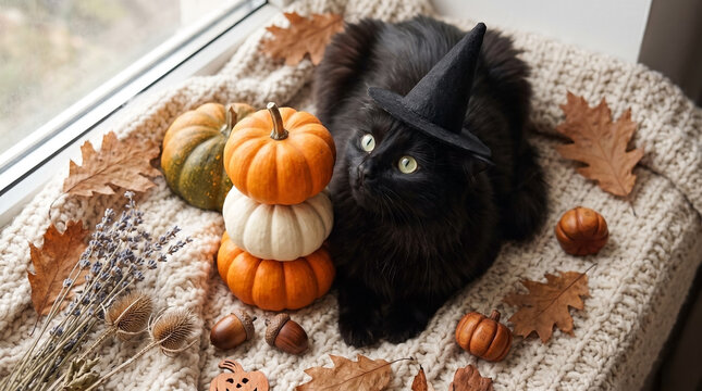 Black cat wearing a witch hat beside stacked pumpkins for halloween