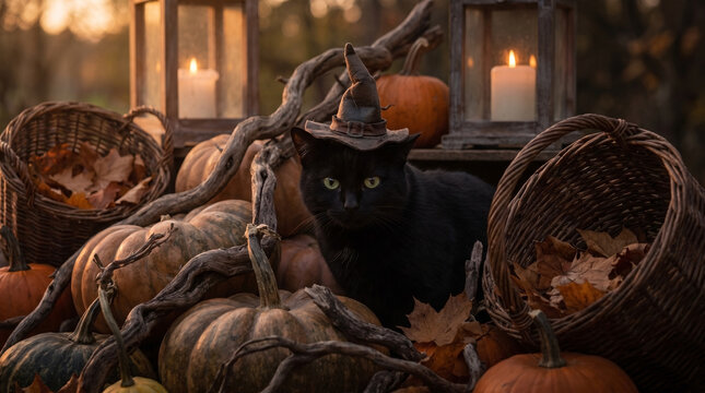 Black cat wearing witch hat among halloween pumpkins and lanterns
