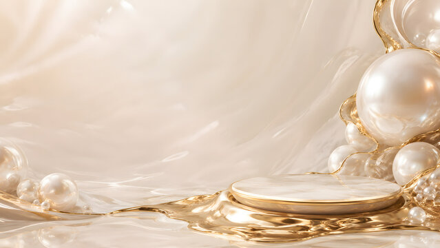 sculptural pearl-white marble pedestal surrounded by flowing liquid champagne gold, elegant glossy surfaces, soft reflections and sophisticated studio lighting, with clean negative space for premium