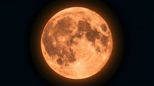 A stunning full moon glowing with a deep orange hue against the dark night sky background