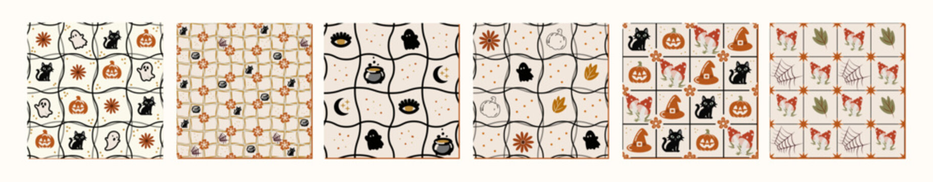 Halloween Seamless Pattern Collection with Ghost Pumpkin Cat and Witch Elements Set