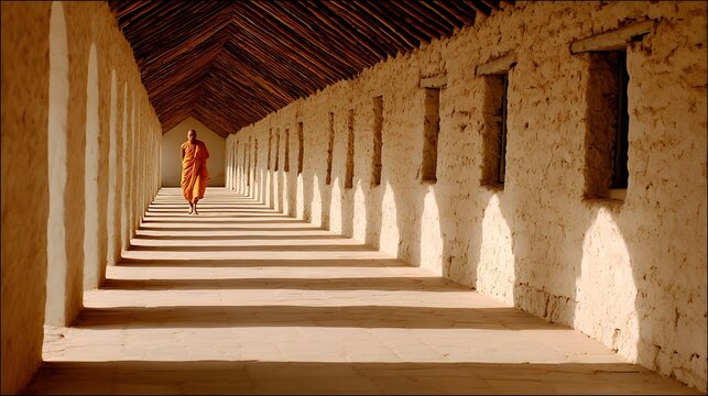 corridor illuminated by soft morning sunlight, monk walking peacefully, spiritual and contemplative atmosphere