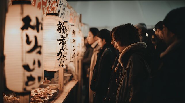 food market glowing with lanterns and street vendors, crowds enjoying local cuisine, energetic cultural atmosphere