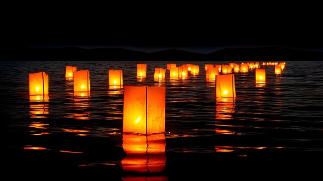 festival with illuminated floating lanterns drifting across calm water at night, magical cultural atmosphere