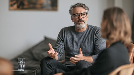 Fototapeta premium Mann spricht mit einer Therapeutin über persönliche Belastungen