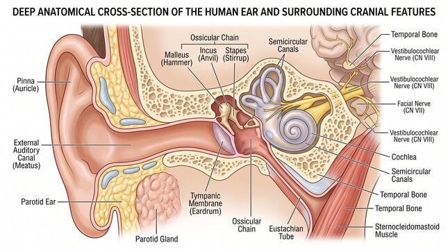 Anatomical Cross Section of Human Ear and Surrounding Features