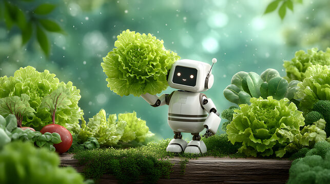 Cute robot holding fresh lettuce vibrant garden setting, surrounded by greenery and vegetables