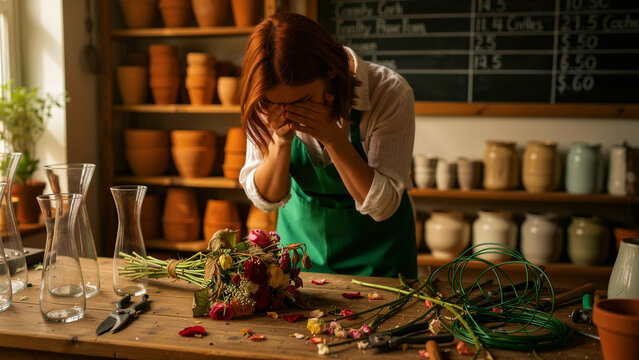 Stressed female florist crying with hands over face in flower shop. Overwhelmed woman standing at a messy workbench with wilted flowers. Mental health at work and small business failure concept.