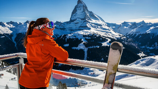 Woman in orange jacket looking at Matterhorn. Skier viewing Swiss Alps from balcony. Winter travel concept for alpine tourism.