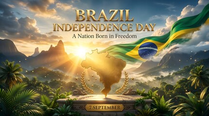 Fototapeta premium Brazil independence day celebration with golden map and national flag at sunset with Commemoration