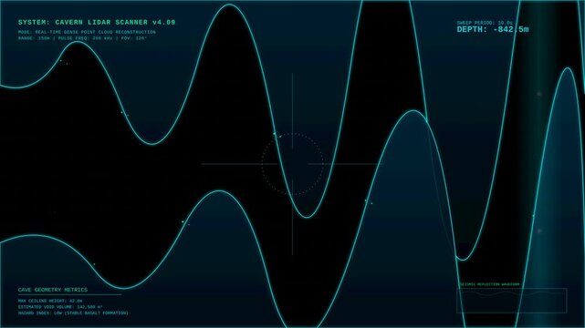 Futuristic Cavern Lidar Scanner Interface with Seismic Waveform Analysis and Digital Data HUD