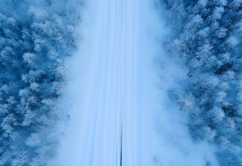 Fototapeta premium Winter road through snow-covered forest, aerial view of cold season landscape and travel, nature background
