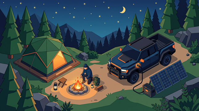 Camper Tending Campfire at Outdoor Tent Campsite