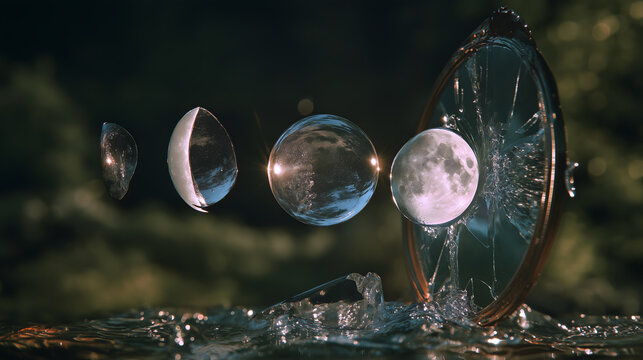Mid-Autumn surreal poetic imagery, shattered ancient bronze mirror reflecting different moon phases, crescent, half and full moon in separate fragments, deep green pond background, commercial asset fo