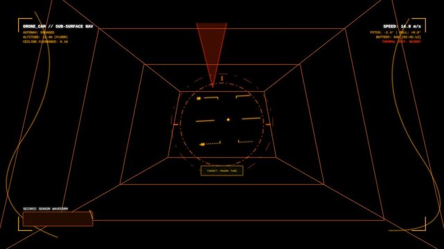 Futuristic Drone Camera Heads Up Display HUD Interface for Subsurface Navigation and Tunnel Flight