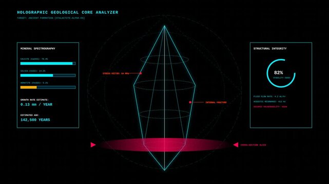 Futuristic Holographic Geological Core Analyzer HUD Interface with Rotating 3D Data Visualization