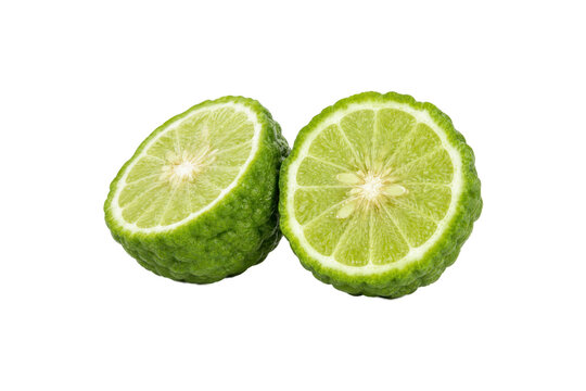 Fresh makrut lime cut in half, showing juicy green citrus flesh and seeds, isolated on a clean white background for food, cooking, and tropical ingredient concepts.