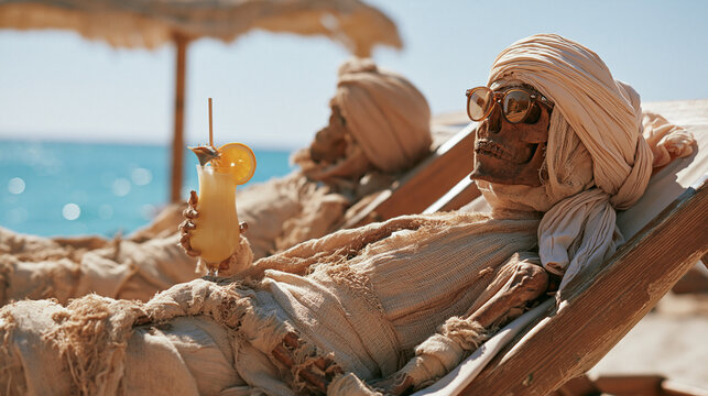 Personen mit verbrannter Haut in Decken am Strand, humorvolles Klimawandel-Motiv mit Cocktail und Sonnenbrille