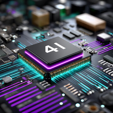 High tech microprocessor on circuit board with vibrant colors and intricate details