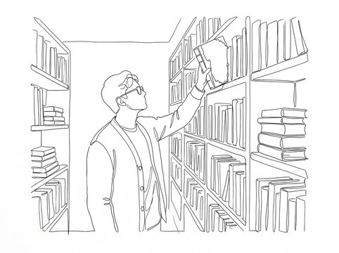 Single continuous line drawing of a librarian carefully placing a worn book back on a shelf, quiet dedication to preserving knowledge concept