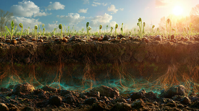 Querschnitt eines Erdbodens mit Pflanzenwurzeln und blauem Grundwasser, Sonnenlicht und Feld im Hintergrund, Konzept f&uuml;r Landwirtschaft und &Ouml;kologie.