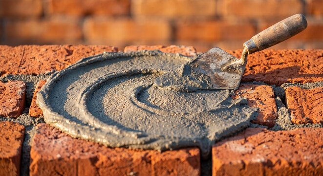 Close up of a masonry trowel resting on wet cement mortar spread over red bricks