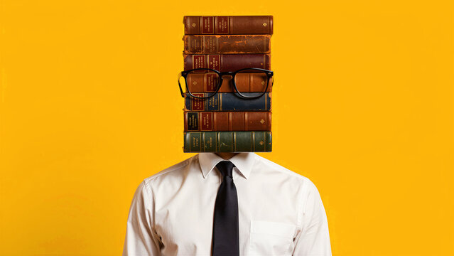 Man with vintage books and glasses for a head. Surreal conceptual image depicting knowledge and academic immersion. Ideal for intelligence and business expertise marketing campaigns.