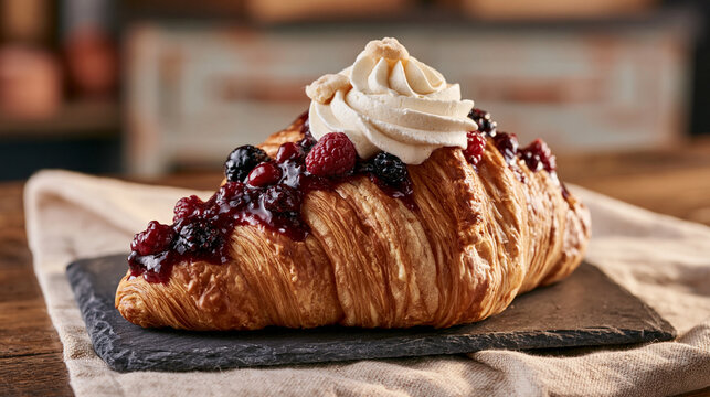 Frisches Croissant mit Beerenkompott und Sahnehaube, goldbraune Kruste, Nahaufnahme f&uuml;r Caf&eacute;- und B&auml;ckereiwerbung.