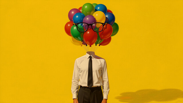 Man in business attire with colorful balloons and glasses for a head. Surreal illustration of a professional figure. Creativity and mental freedom concept for business and inspiration.